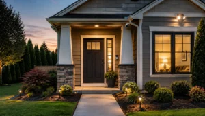 Secure front entry at dusk with porch lighting, video doorbell, security camera, landscaped walkway, and trimmed shrubs showing door and window security