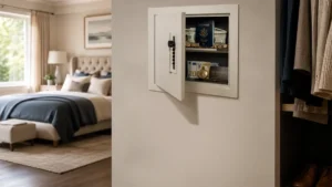 Open wall safe in a master bedroom closet holding passports, cash, jewelry, watches, and other valuables.