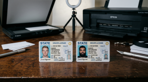 Two fake driver's licenses with the same name but different people, representing identity theft