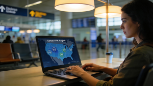 Woman using a NordVPN at an airport on her laptop to stay secure on public Wi-Fi