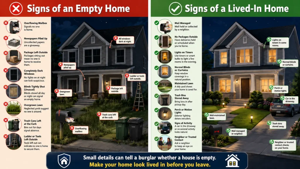 Infographic comparing signs of an empty home, such as overflowing mail and dark windows, with signs of a lived-in home, including timed lights, collected mail, and a maintained yard.