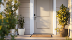 Modern suburban home exterior with front door featuring a smart lock