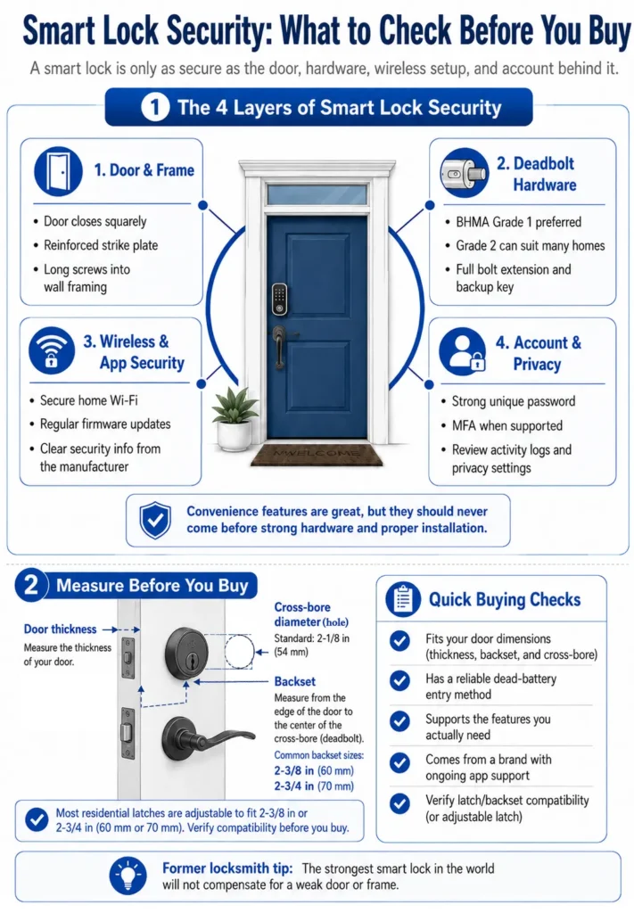 Smart lock security infographic showing door and frame strength, BHMA-rated hardware, app security, privacy controls, door thickness, cross-bore diameter, and backset sizes