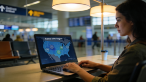 Person using laptop and VPN in airport lounge.