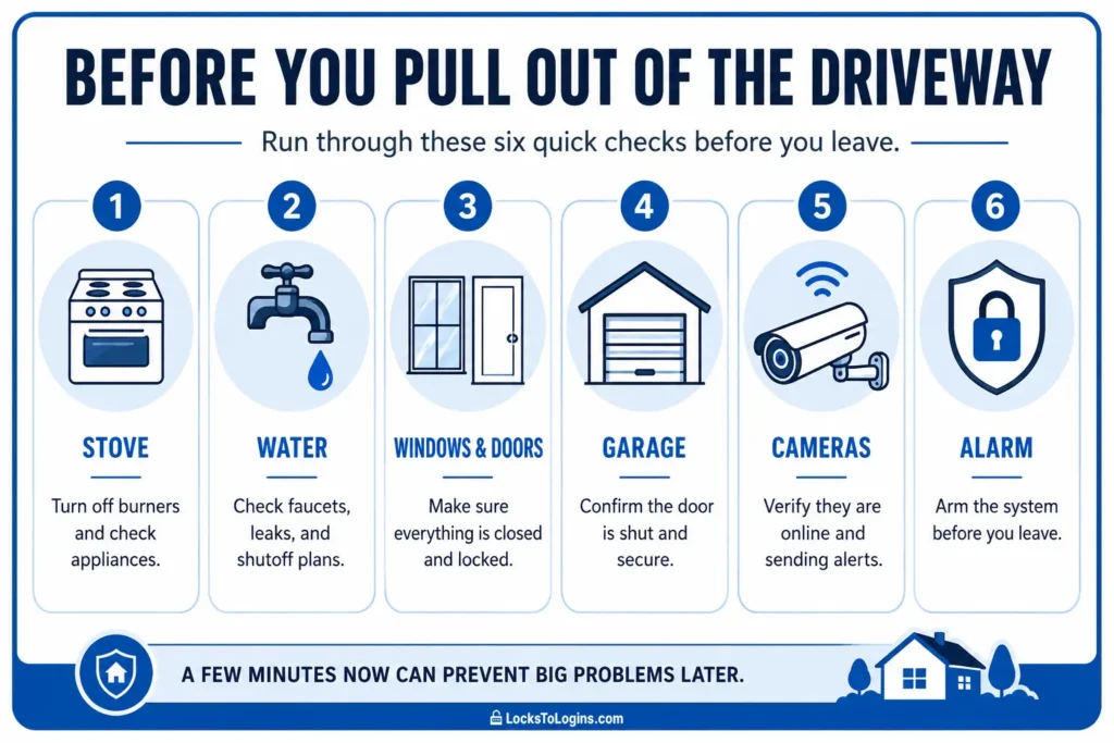 Final five-minute home security walkthrough showing six checks before leaving for vacation: stove, water, windows and doors, garage, cameras, and alarm.