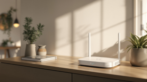 Modern home interior with a Wi-Fi router on a table, representing a secure and connected household network.