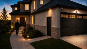 Home exterior at dusk with a security camera mounted near the garage and a person walking up the front path