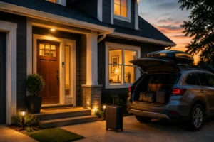 Evening view of a well-lit home with a locked front door, video doorbell, packed SUV, and suitcase in the driveway before leaving for vacation.