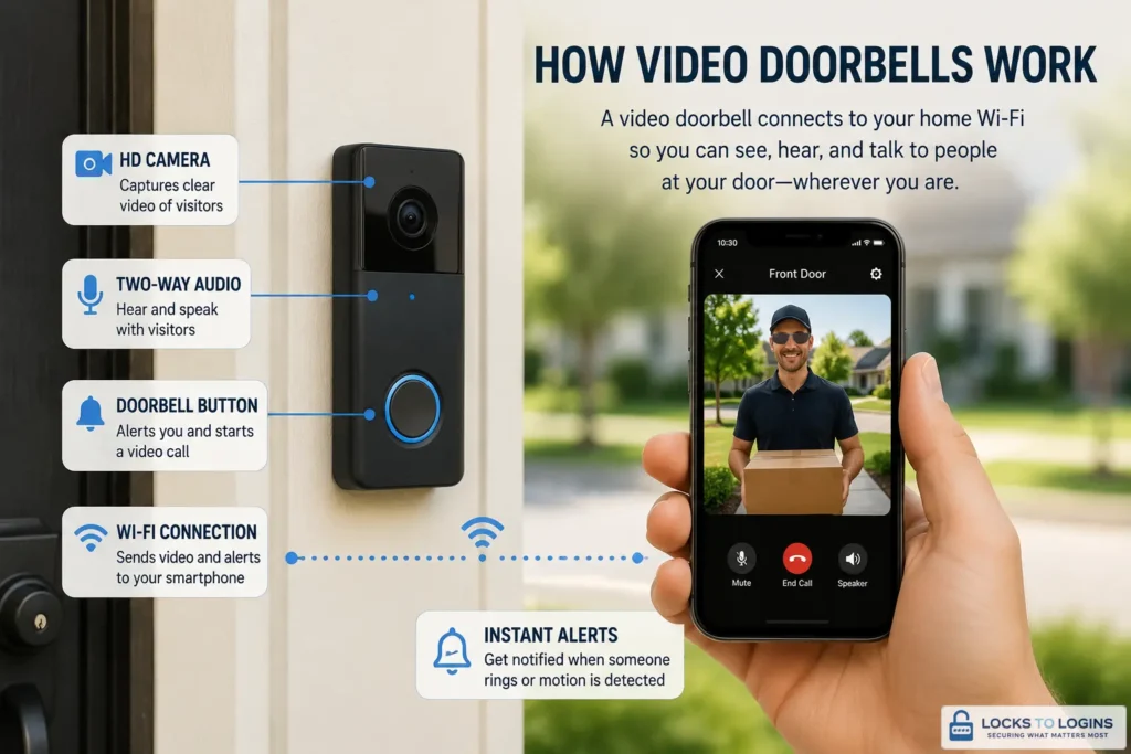 Video doorbell connected to a smartphone showing a visitor, with callouts for the camera, two-way audio, Wi-Fi connection, doorbell button, and instant alerts.