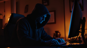 Person in a dark hoodie sitting at a computer in a dimly lit room, representing identity theft.