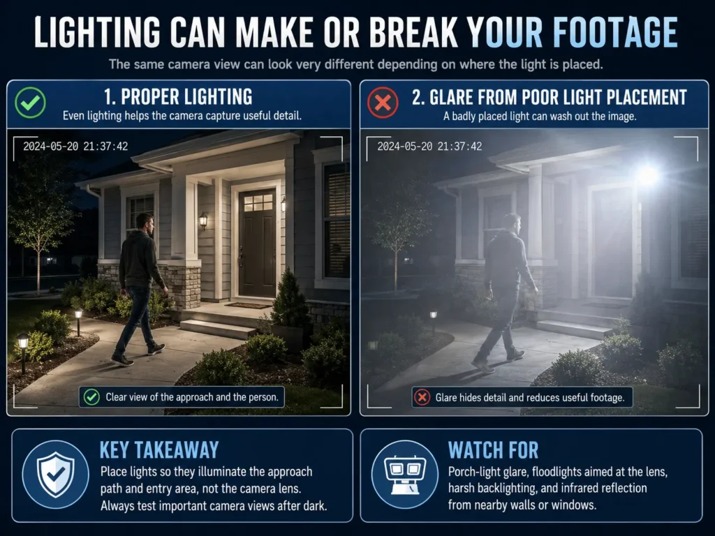 Infographic comparing proper outdoor lighting for clear security camera footage with poor light placement causing glare and washed-out nighttime video
