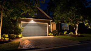 Well lit home exterior at night showing walkway lights and outdoor lighting with motion sensor floodlight