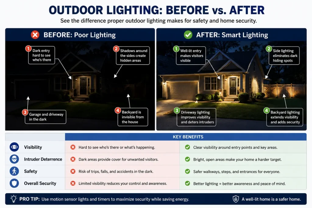 Before-and-after comparison showing how outdoor security lighting improves visibility around a home, driveway, entryway, side yard, and backyard