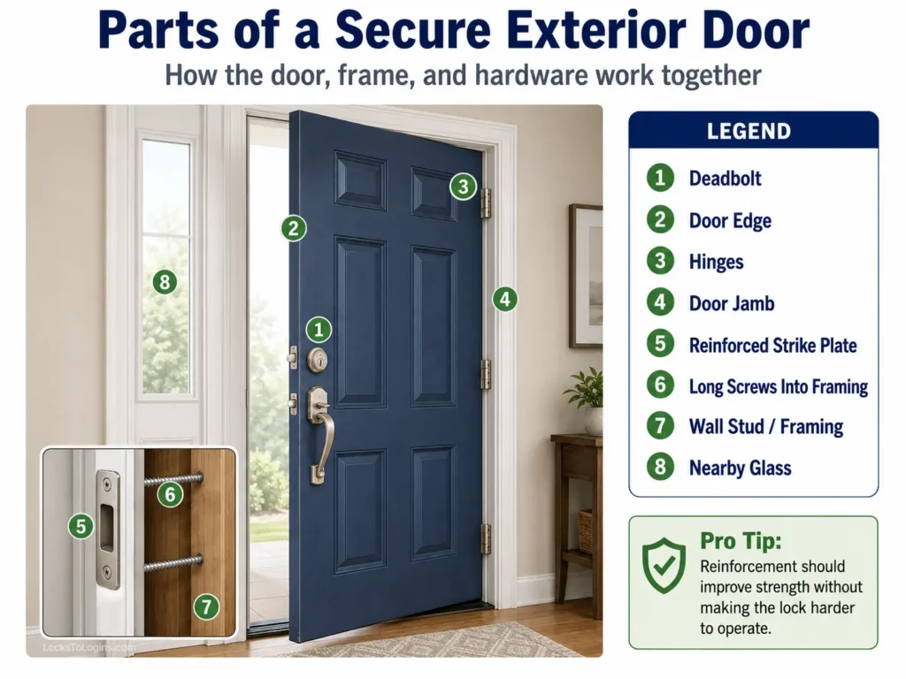 Infographic showing the deadbolt, door edge, hinges, jamb, reinforced strike plate, long screws, wall framing, and nearby glass on an inward-opening exterior door