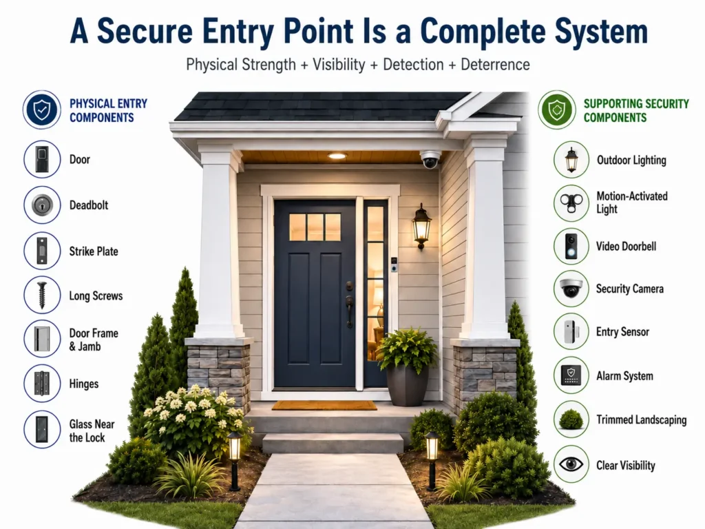 Infographic showing the physical and supporting components of a secure home entry point, including the door, deadbolt, frame, lighting, video doorbell, camera, and landscaping
