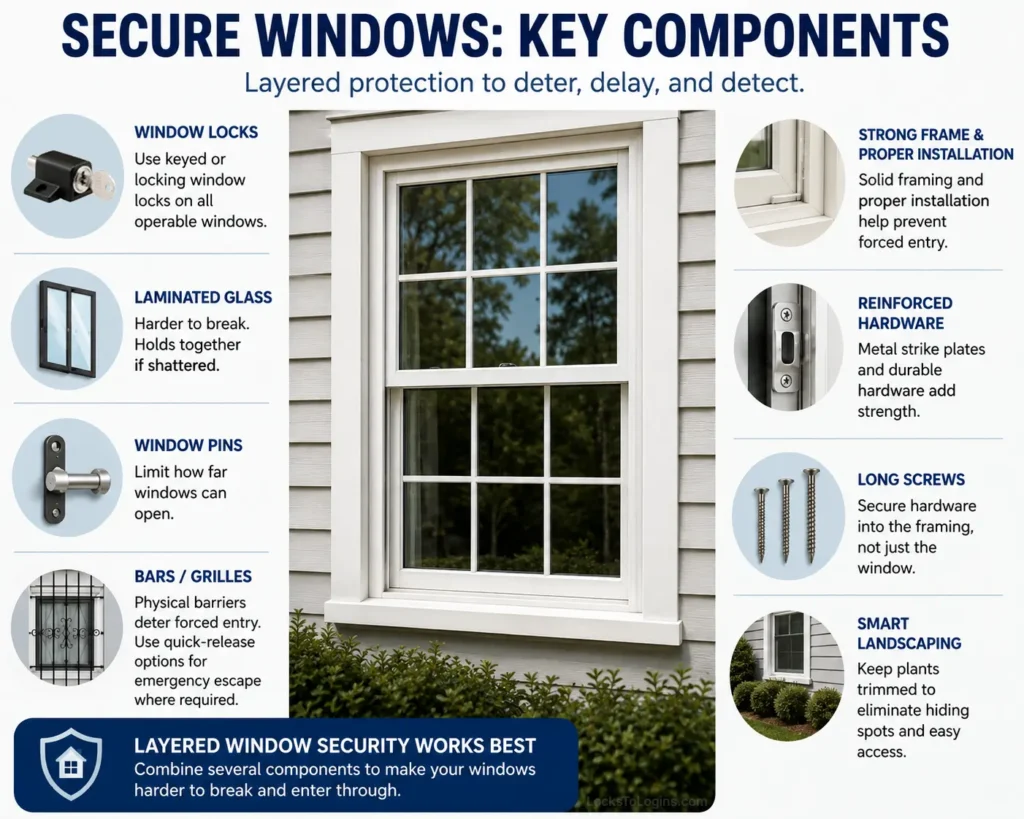 Infographic showing layered window security components, including window locks, laminated glass, window pins, bars or grilles, reinforced hardware, long screws, strong framing, and trimmed landscaping