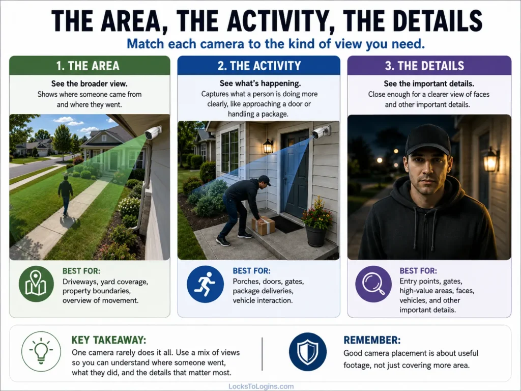 Security camera infographic comparing the area, the activity, and the details needed when planning camera placement