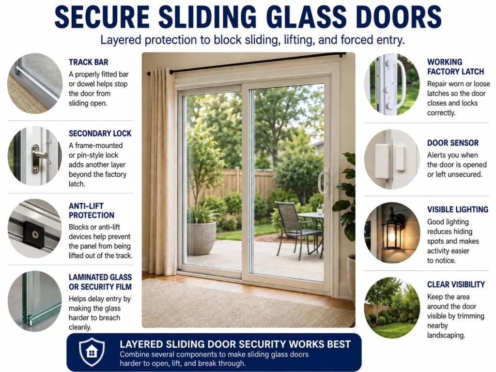 Infographic showing layered sliding glass door security, including a track bar, secondary lock, anti-lift protection, security film, door sensor, outdoor lighting, and clear landscaping
