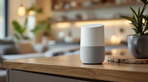 Smart speaker on a kitchen counter beside a small plant, representing connected home devices and digital privacy
