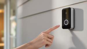 Smart video doorbell mounted beside a modern front door