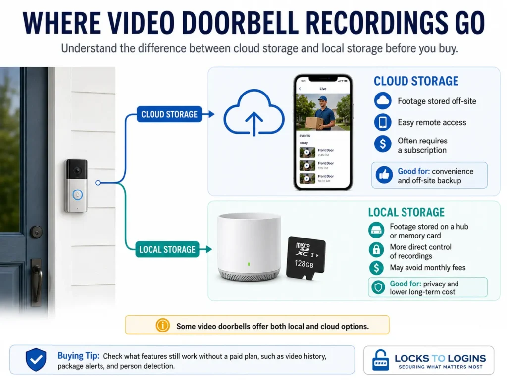 Video doorbell storage comparison showing recordings saved to cloud storage or locally on a home hub or memory card, with benefits and considerations for each option.
