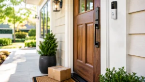 Smart video doorbell mounted beside a front door with a package on the porch, showing how a doorbell camera can monitor visitors and deliveries.