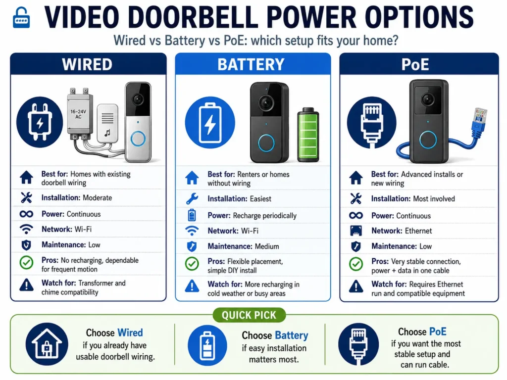 Comparison chart showing wired, battery, and PoE video doorbell options, including installation, power, network type, maintenance, advantages, and key considerations.