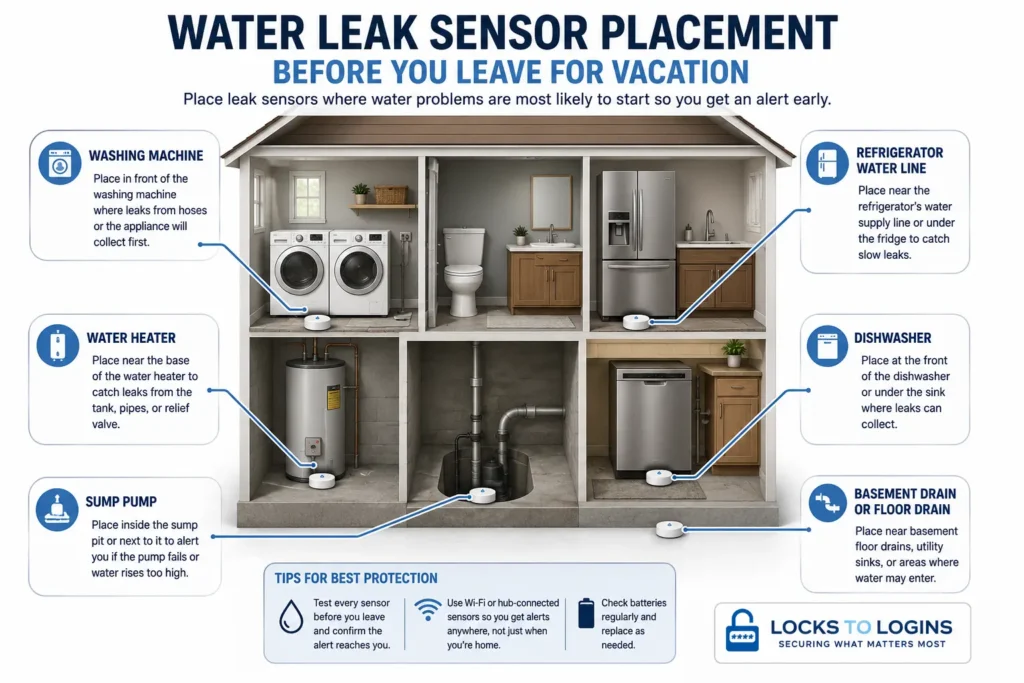 Water leak sensor placement guide showing recommended locations near a washing machine, water heater, sump pit, refrigerator, dishwasher, and basement floor drain.