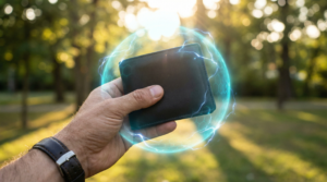 Man holding a RFID blocking Wallet