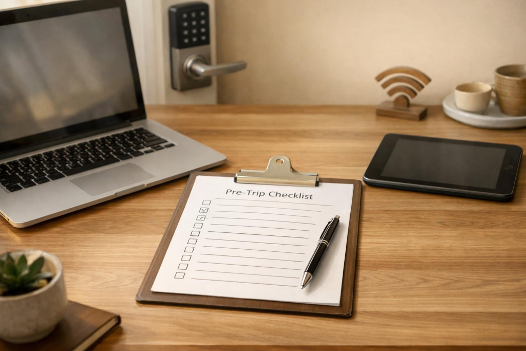 Desk with checklists