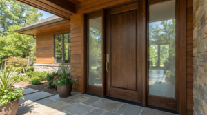 Residential front entryway with a solid wood front door and Windows to protect with security window film.