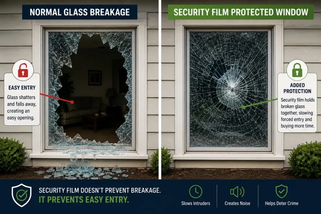 Normal broken window compared with shattered glass held together by security window film