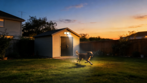 A dog runs under a motion sensing light at dusk triggering it to turn on.
