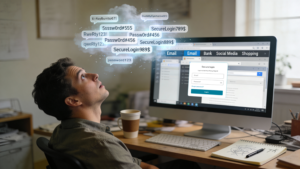 Person thinking about a nordpass review while struggling to remember multiple passwords
