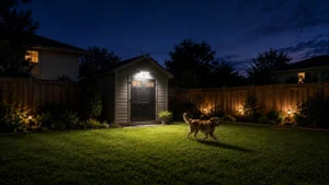 Solar motion flood light mounted on a backyard shed turning on as a dog runs across the yard at night