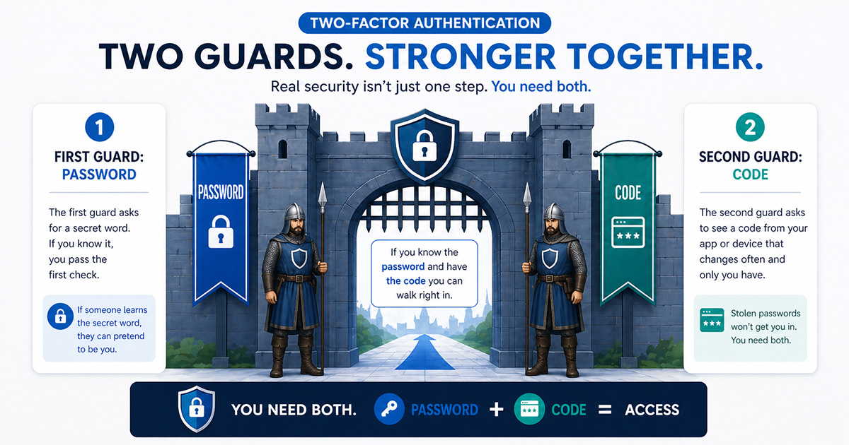 Infographic explaining two-factor authentication using a castle with two guards checking a password and a code