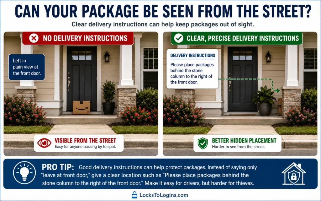 Clear delivery instructions telling a driver to place a package behind a stone porch column