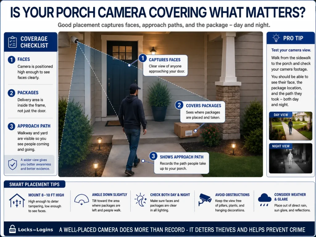 Porch security camera placement covering a visitor, package delivery area, and approach path.