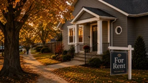 Rental home in fall with a For Rent sign and renter-friendly security at the front entrance