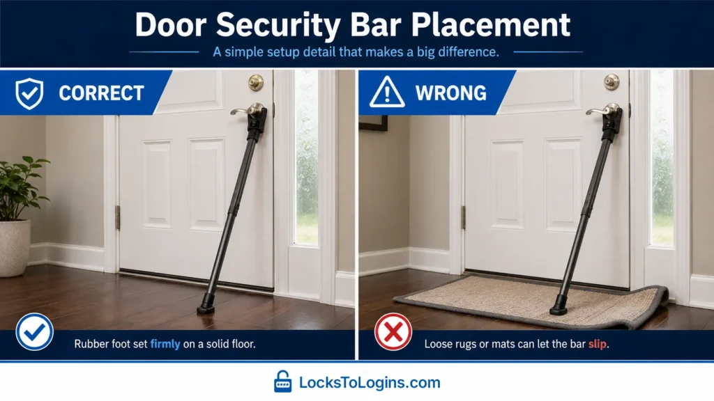 Correct door security bar placement on a solid floor compared with unsafe placement on a loose rug