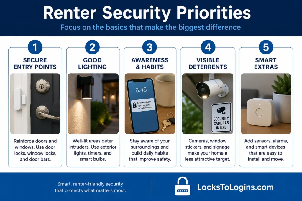 Home security for renters showing physical barriers, cameras and alarm monitoring in priority order