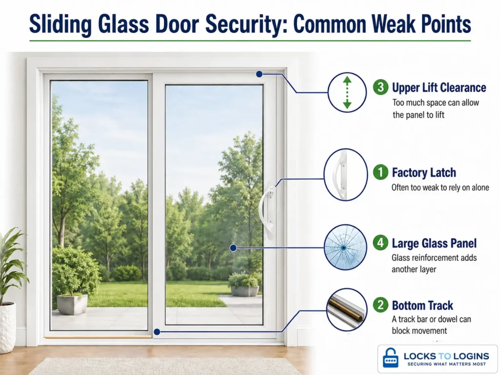 Sliding glass door security diagram showing the factory latch, bottom track, upper lift clearance, and large glass panel as common weak points
