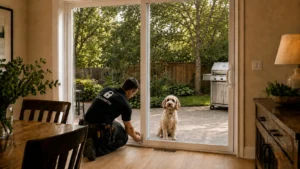 Locksmith kneeling at a sliding glass door installing a floor-level lock while a dog sits outside on the patio