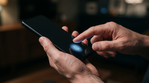 Person holding a smartphone with a passkey authentication screen showing a fingerprint icon and sign in options